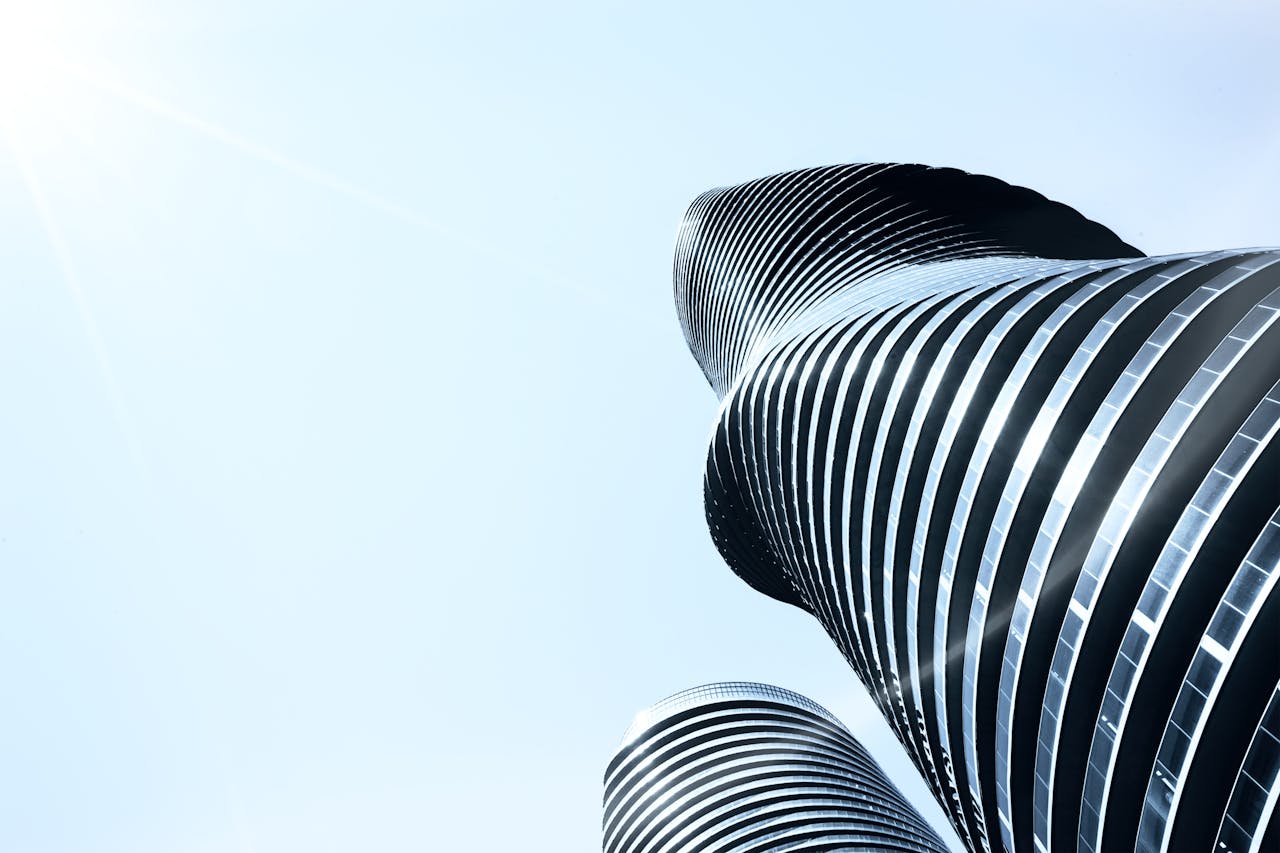 Futuristic and modern skyscrapers with curved designs in Mississauga, Ontario.